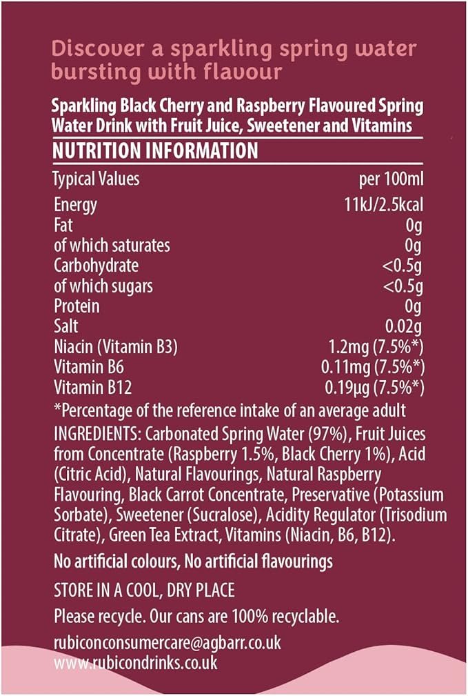 Rubicon Spring 12 Pack Black Cherry Raspberry, Sparkling Spring Water with Real Fruit Juice & Natural Flavours, , Only 9 Calories - 12 x 330ml Multipack Cans - Image 5