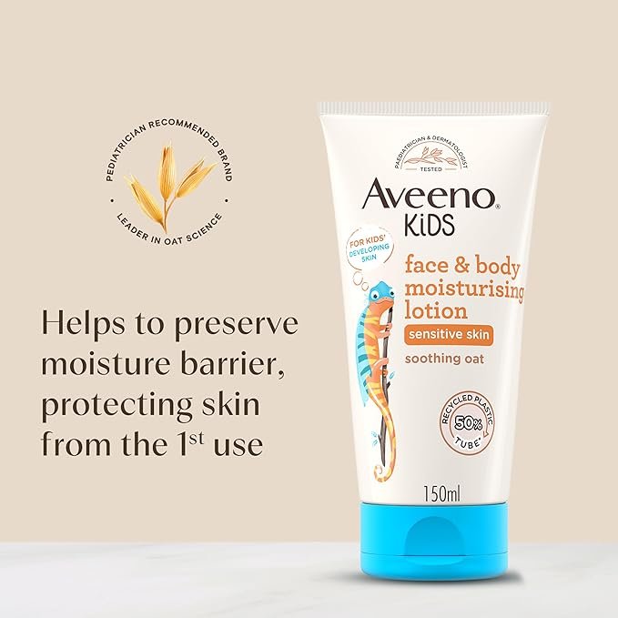 Aveeno Kids Face & Body Moisturising Lotion (1 x 150ml), Non-Greasy and Fragrance-Free Moisturiser Enriched with Soothing Oat, Face and Body Lotion for Kids' Sensitive and Developing Skin - Image 3