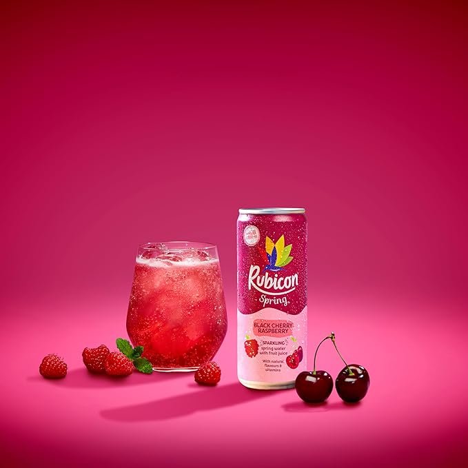 Rubicon Spring 12 Pack Black Cherry Raspberry, Sparkling Spring Water with Real Fruit Juice & Natural Flavours, , Only 9 Calories - 12 x 330ml Multipack Cans - Image 2