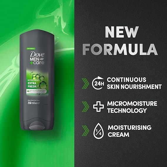 Dove Men+Care Refreshing Extra Fresh Men's 3-in-1 Hair, Face and Body Wash Body Cleanser shower gel with 24 hour nourishing MicroMoisture technology for healthy and smooth skin all day 250 ml - Image 3