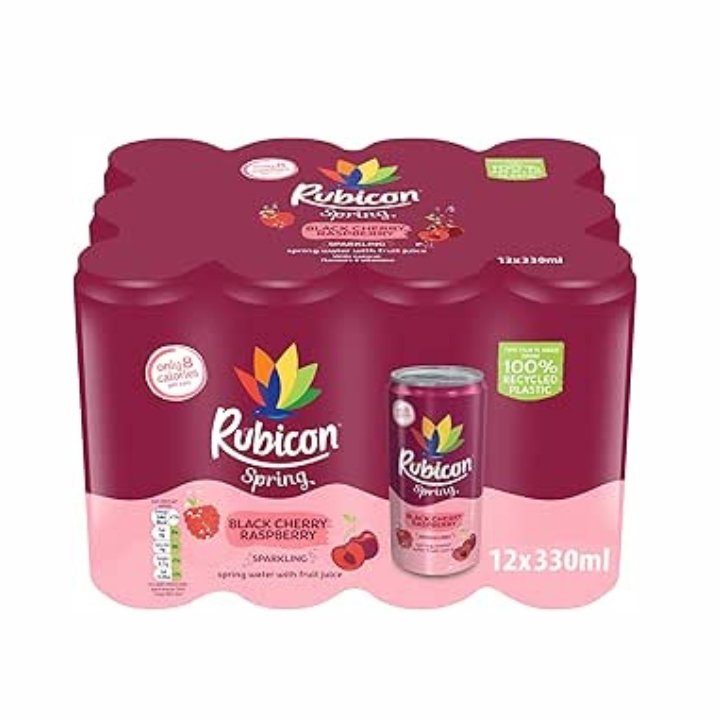 Rubicon Spring 12 Pack Black Cherry Raspberry, Sparkling Spring Water with Real Fruit Juice & Natural Flavours, , Only 9 Calories - 12 x 330ml Multipack Cans