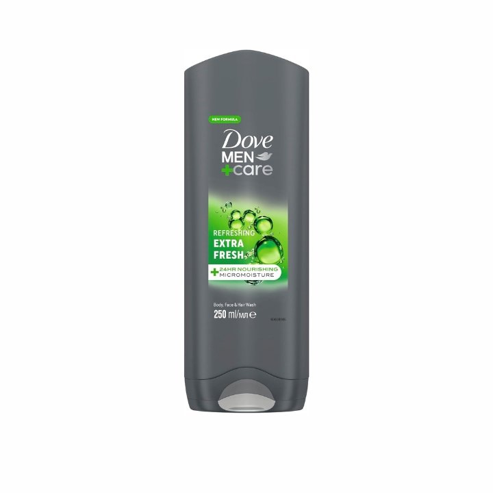 Dove Men+Care Refreshing Extra Fresh Men's 3-in-1 Hair, Face and Body Wash Body Cleanser shower gel with 24 hour nourishing MicroMoisture technology for healthy and smooth skin all day 250 ml